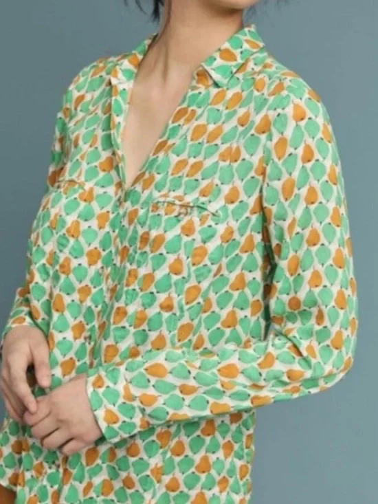 Anthropologie Conversations Pear Print Button Up Shirt Size 10 - Picture 11 of 12